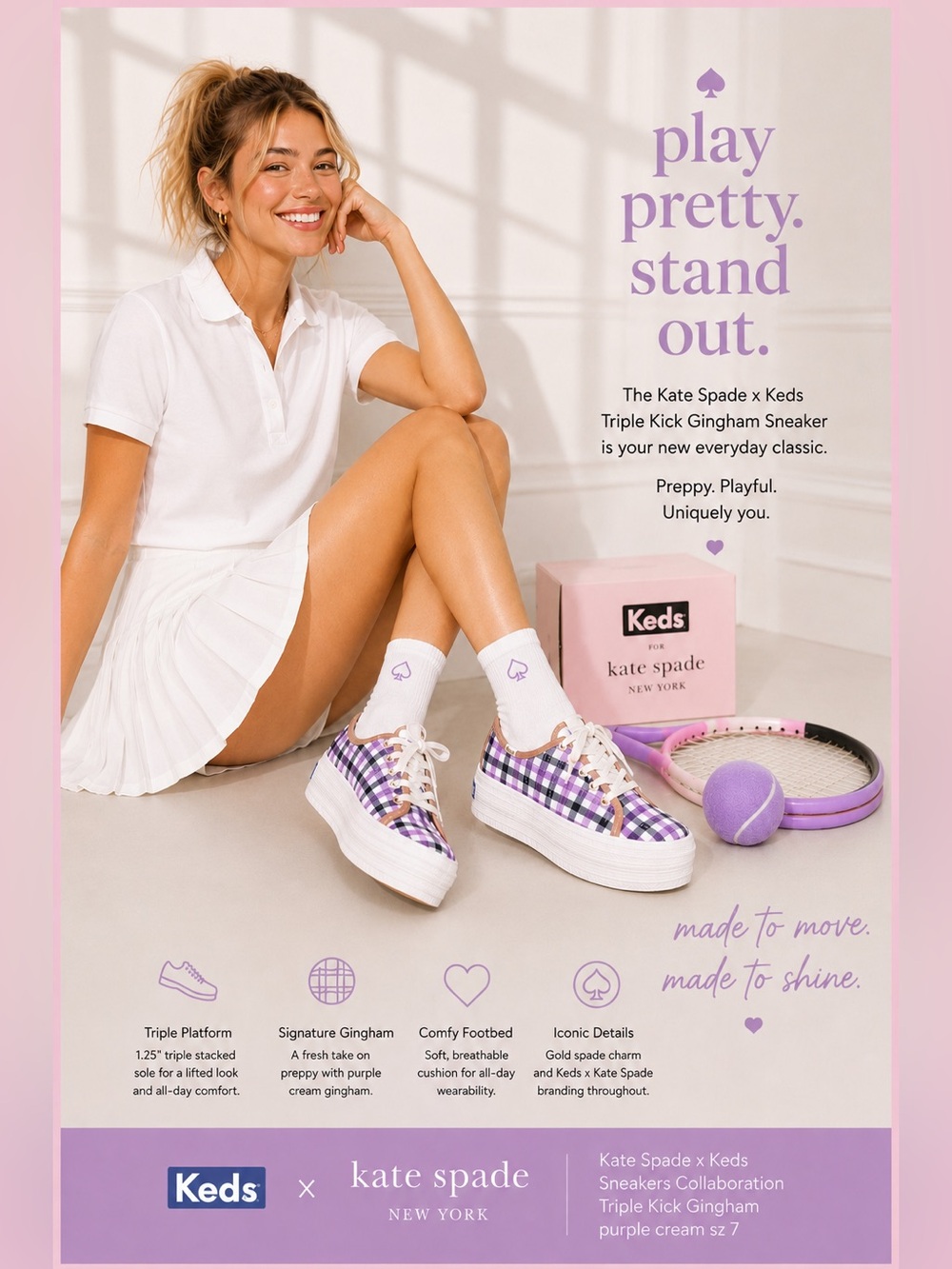 Kate Spade x Keds Sneakers Collaboration Triple Kick Gingham purple cream sz 7
